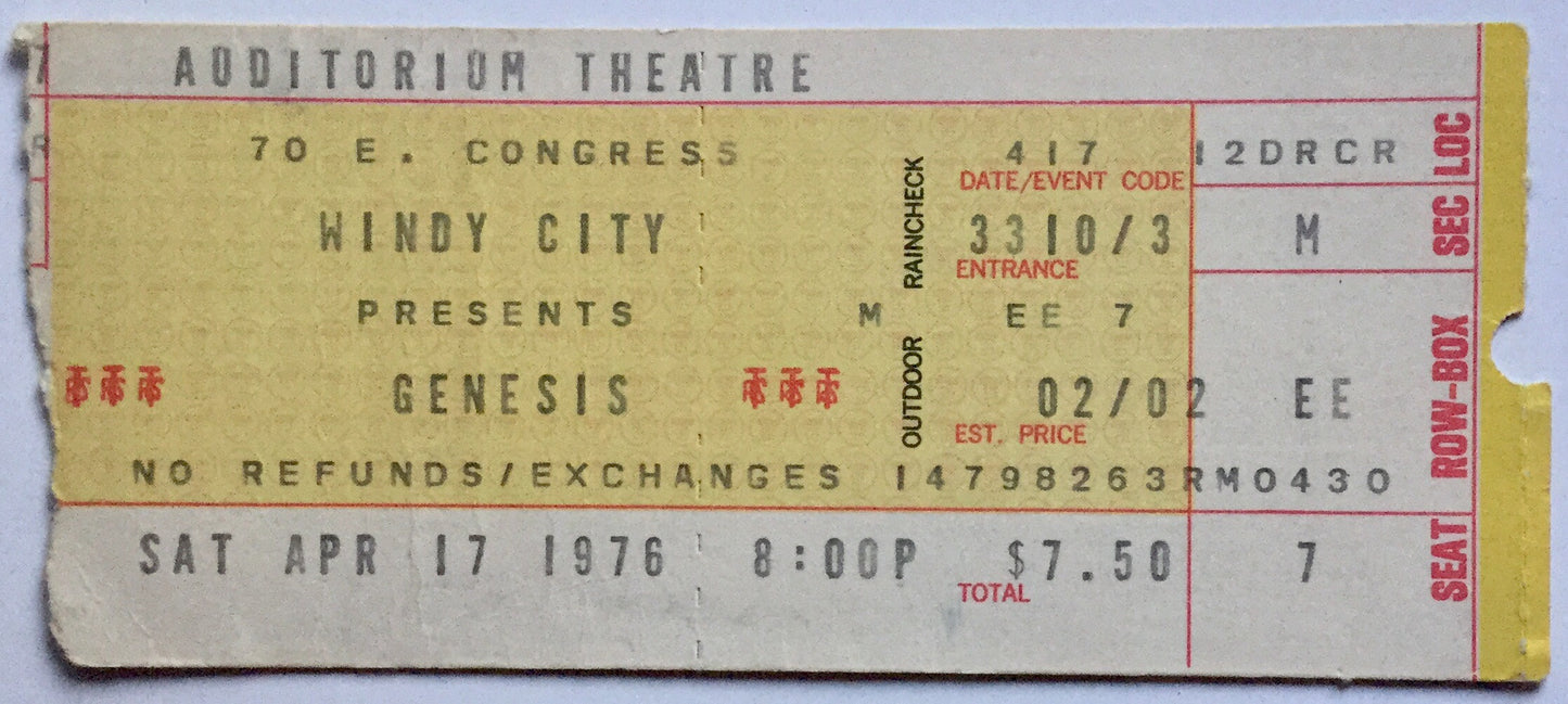 Genesis Original Used Concert Ticket Auditorium Theatre Chicago 17th April 1976