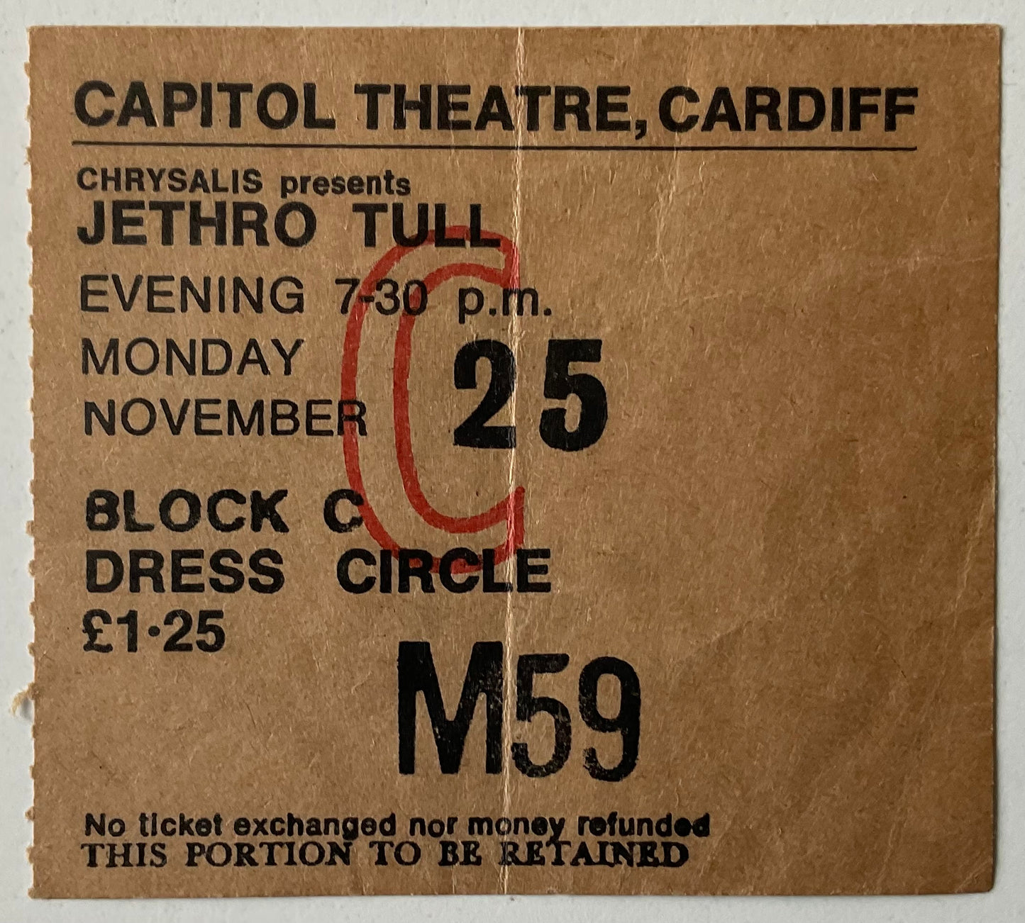 Jethro Tull Original Used Concert Ticket Capitol Theatre Cardiff 25th Nov 1974