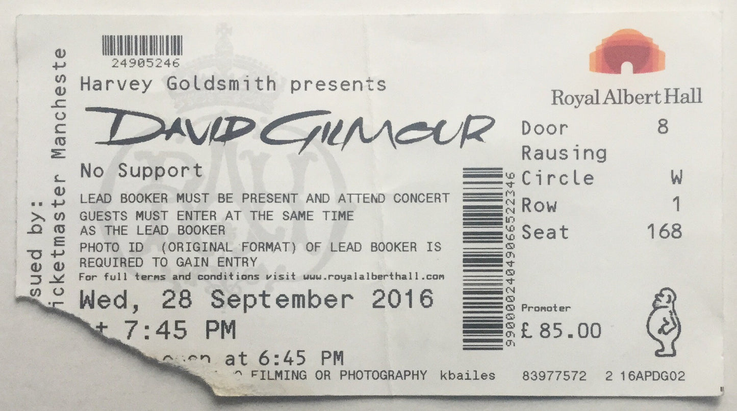 Pink Floyd David Gilmour Original Used Concert Ticket Royal Albert Hall London 28th Sept 2016