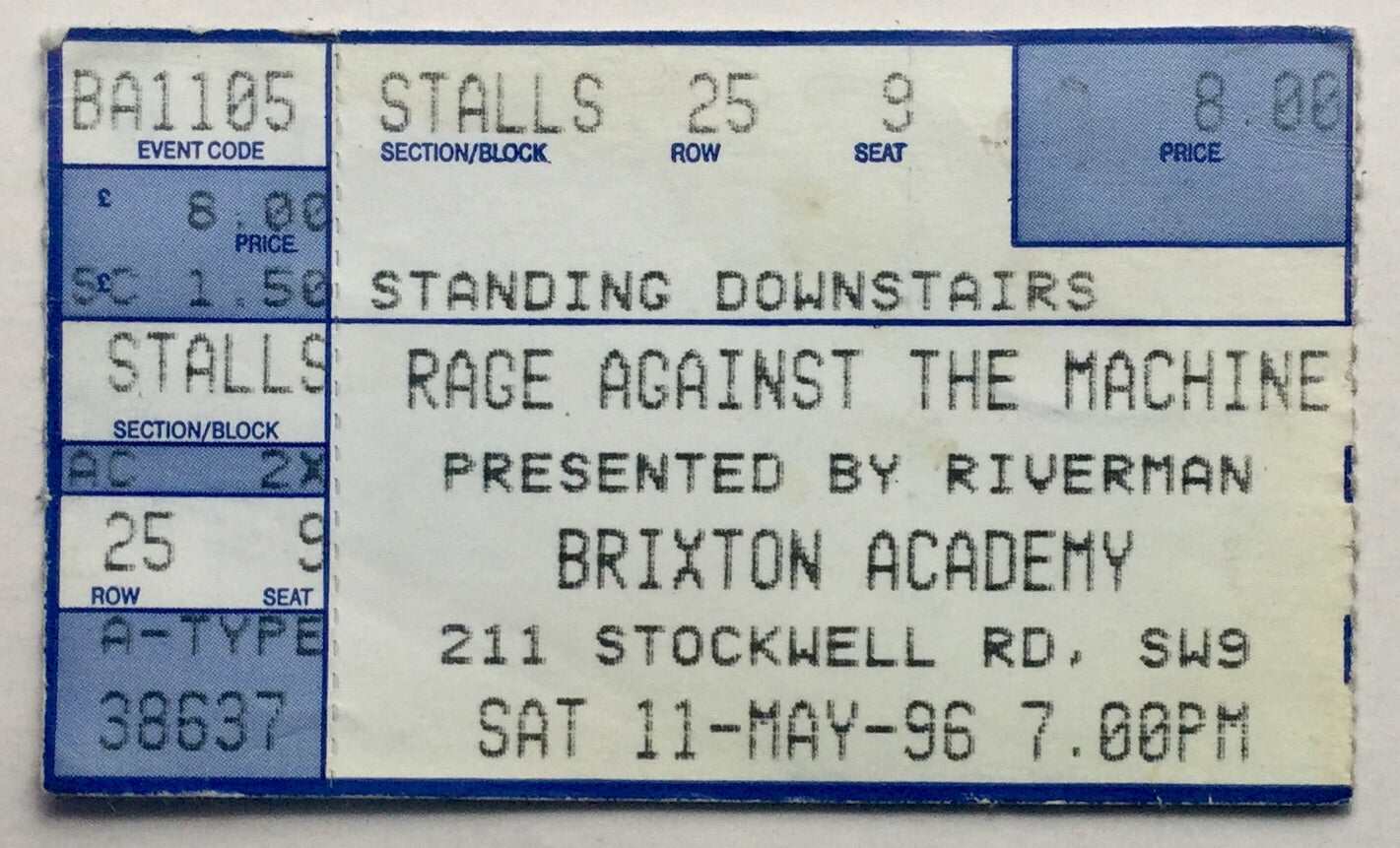 Rage Against The Machine Original Used Concert Ticket Brixton Academy London 11th May 1996