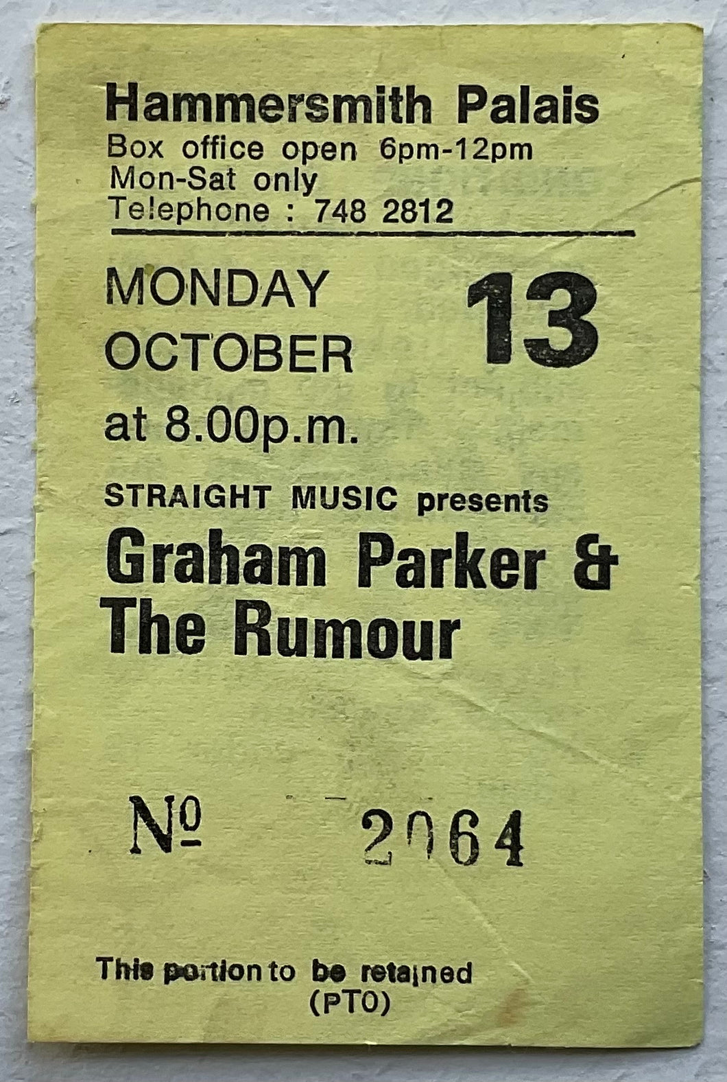 Graham Parker Original Used Concert Ticket Hammersmith Palais London 13th Oct 1980