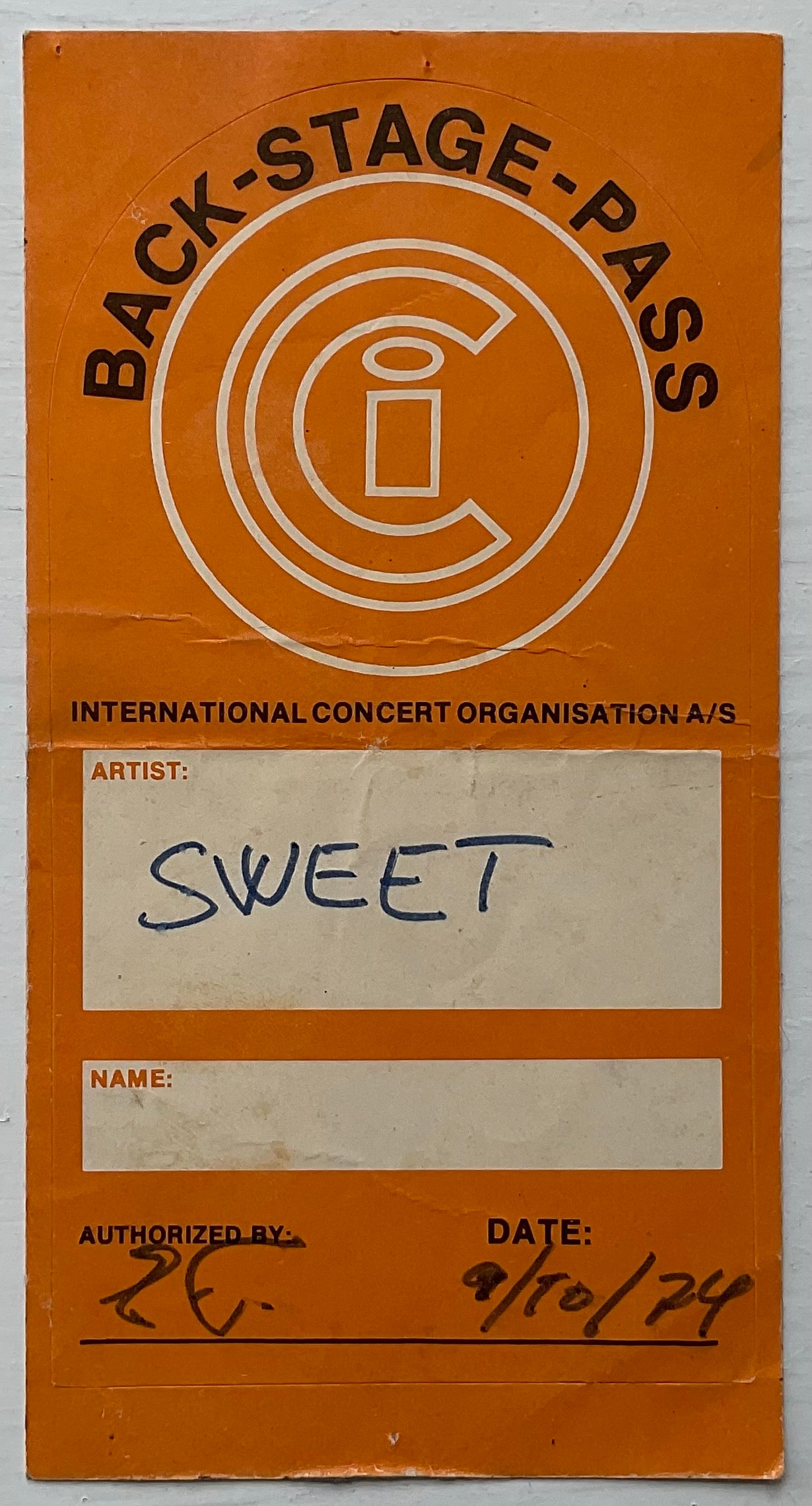 Sweet Original Unused Concert Backstage Pass Ticket Falkonerteatret Copenhagen 9th Apr 1974