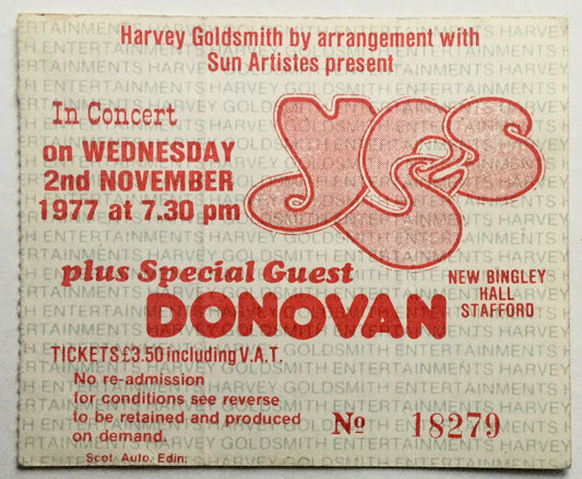 Yes Donovan Original Used Concert Ticket New Bingley Hall Staffordshire 2nd Nov 1977