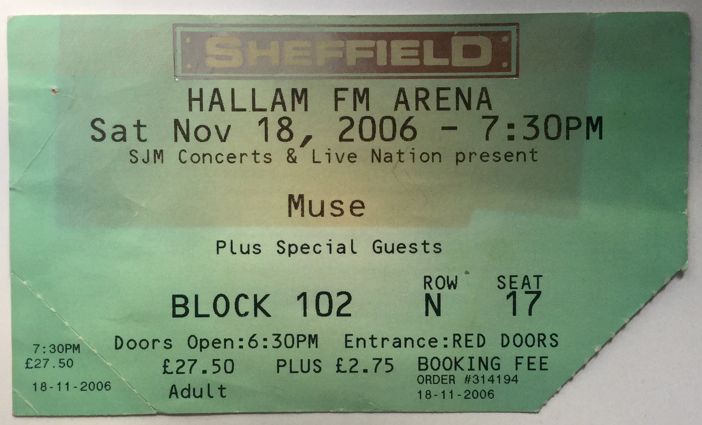 Muse Original Used Concert Ticket Hallam FM Arena Sheffield 18th Nov 2006