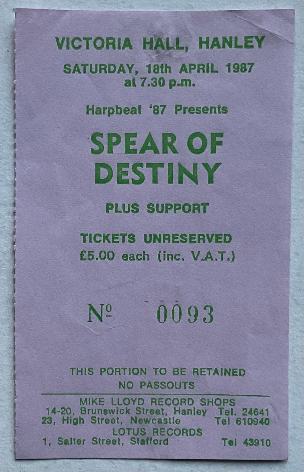 Spear of Destiny Original Used Concert Ticket Victoria Hall Hanley 18th Apr 1987
