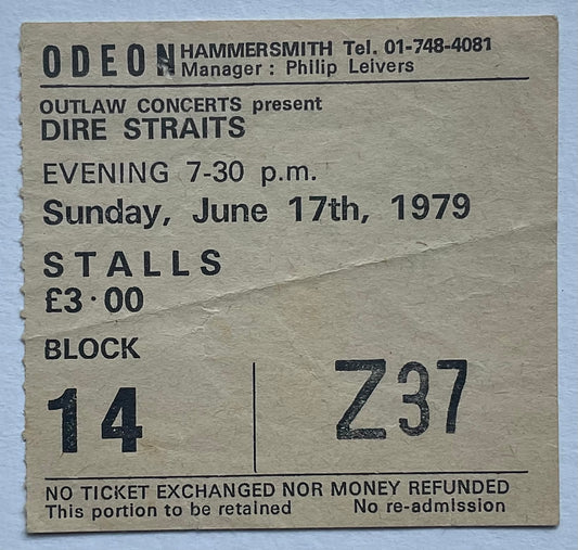 Dire Straits Original Used Concert Ticket Hammersmith Odeon London 17th June 1979