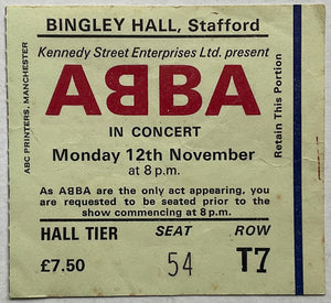 ABBA Original Used Concert Ticket Bingley Hall Stratford 12th Nov 1979