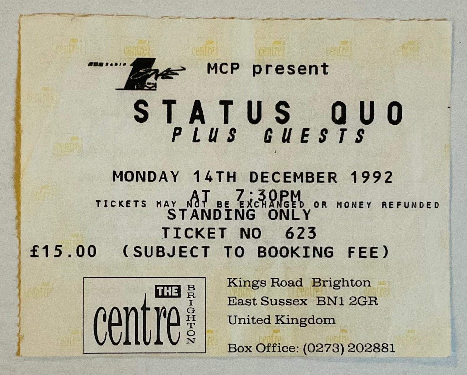 Status Quo Original Used Concert Ticket Brighton Centre 14th Dec 1992