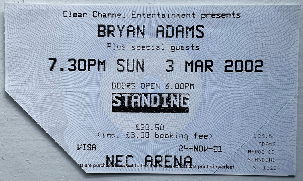 Bryan Adams Original Used Concert Ticket NEC Arena Birmingham 3rd Mar 2002