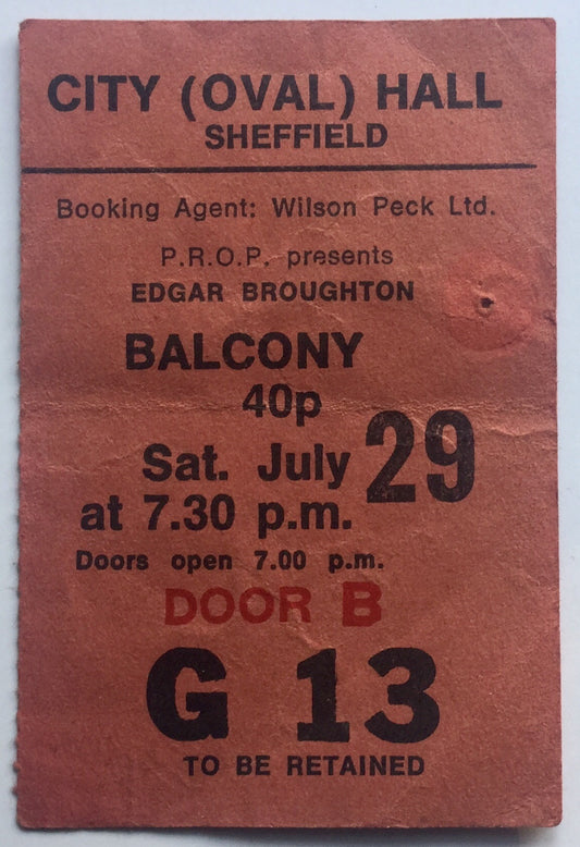 Edgar Broughton Original Used Concert Ticket City Hall Sheffield 29th July 1972