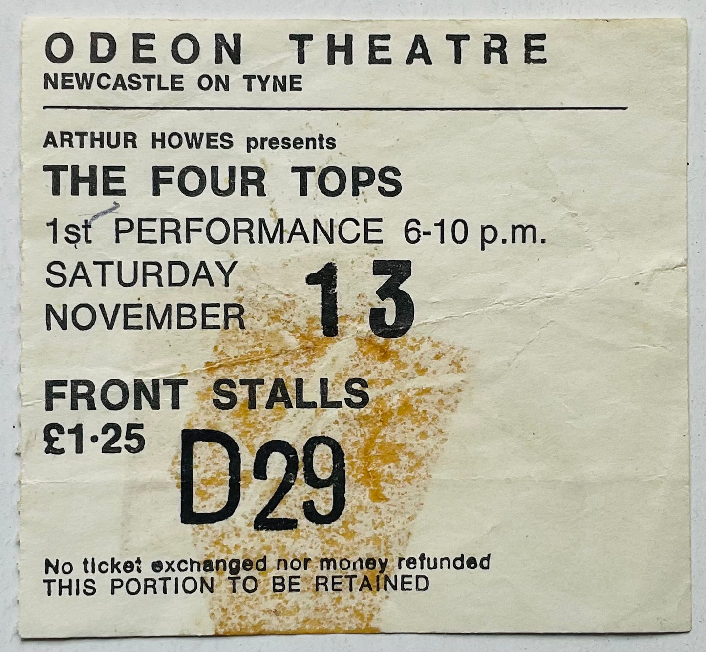 Four Tops Original Used Concert Ticket Odeon Theatre Newcastle 1971