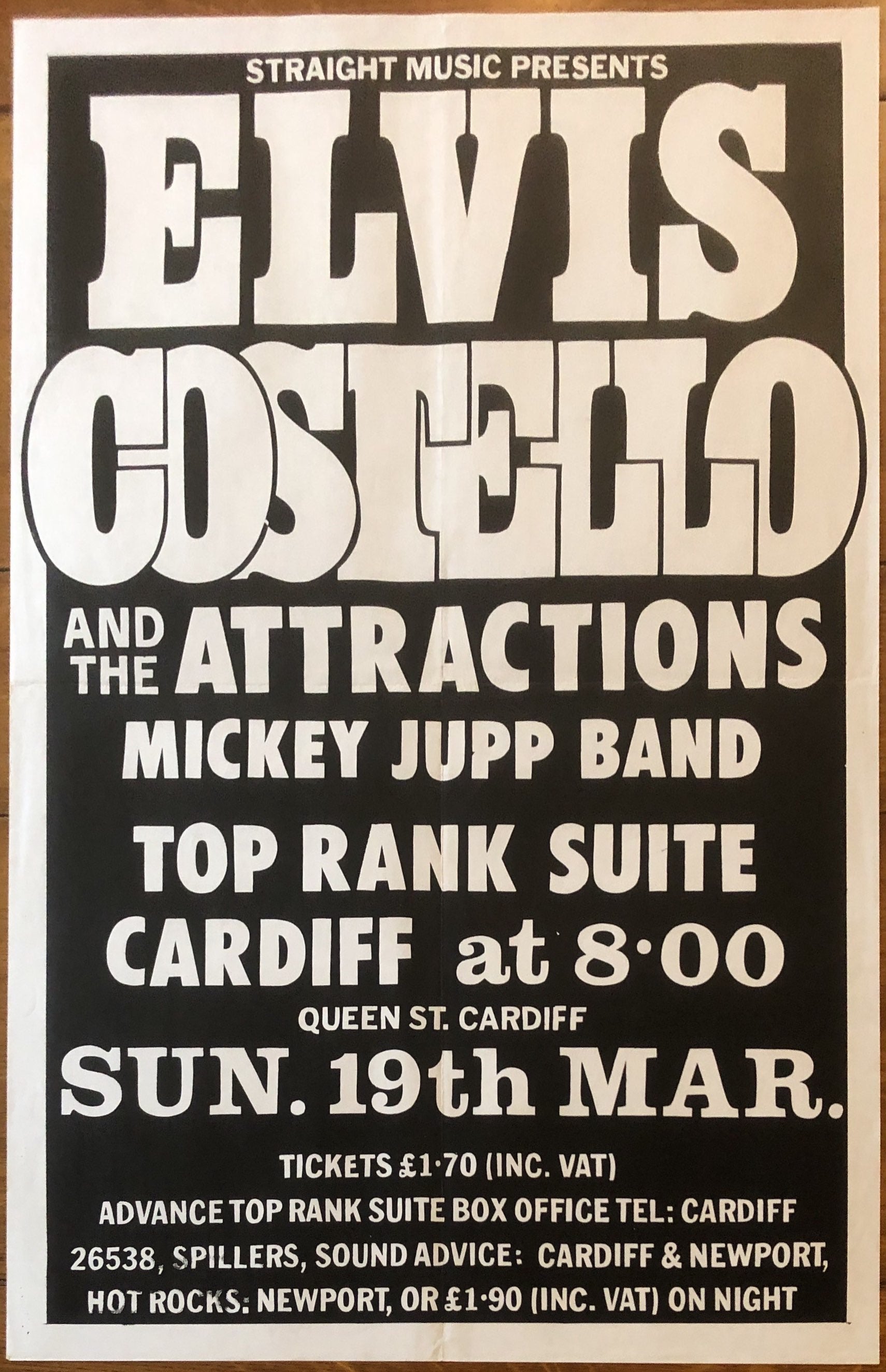 Elvis Costello Original Concert Gig Poster Top Rank Suite Cardiff 19th March 1978