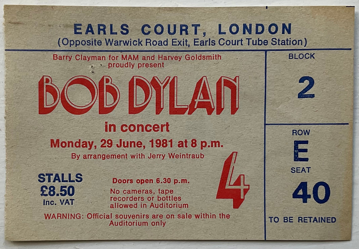 Bob Dylan Original Used Concert Ticket Earls Court London 29th June 1981