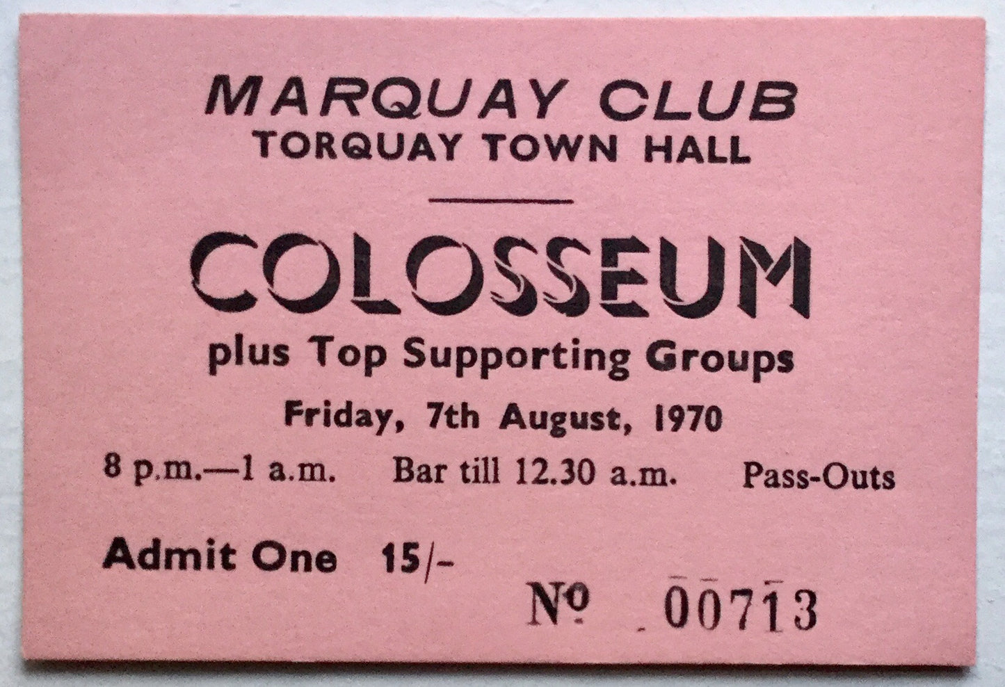 Colosseum Original Concert Ticket Marquay Club Town Hall Torquay 1970