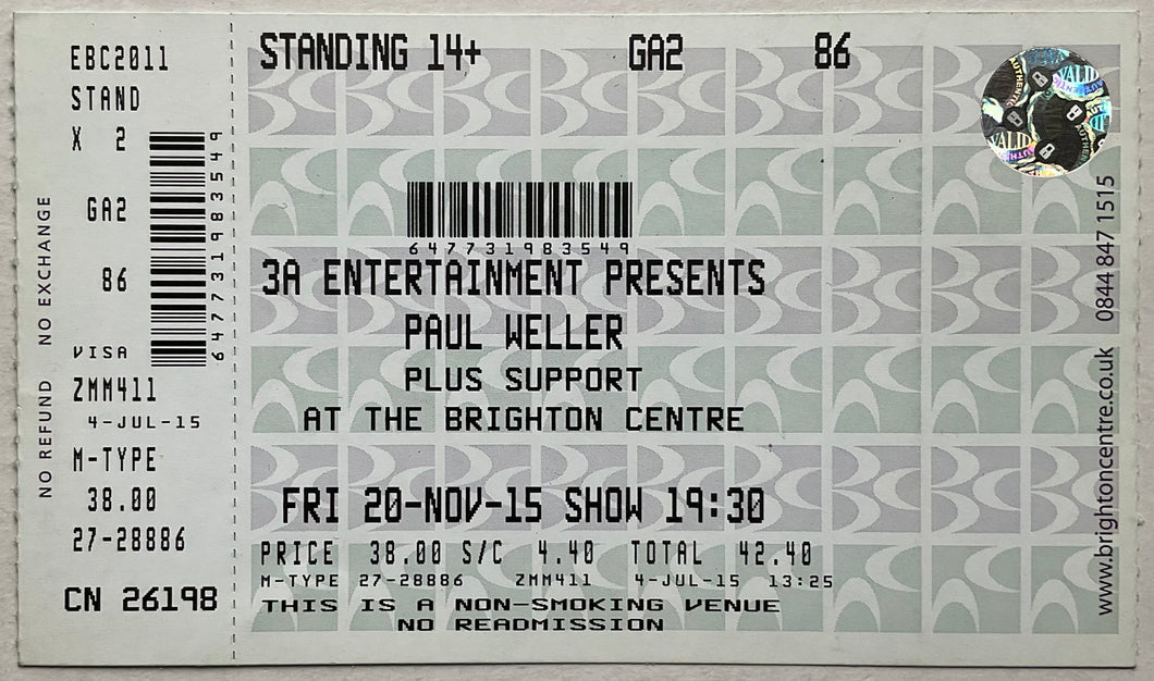Paul Weller Original Unused Concert Ticket Brighton Centre 20th Nov 2015