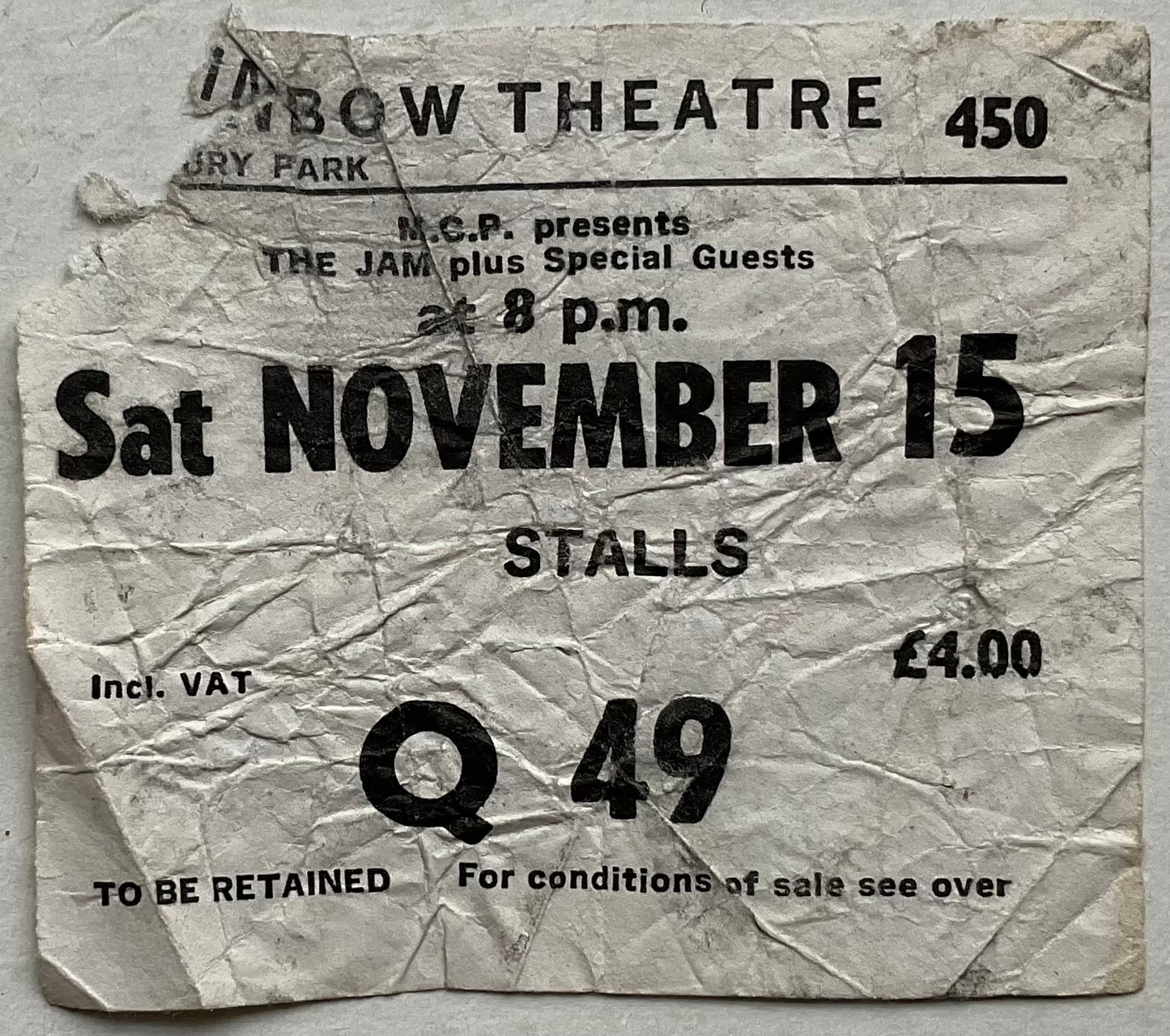 Jam Original Used Concert Ticket Rainbow Theatre London 15th Nov 1980