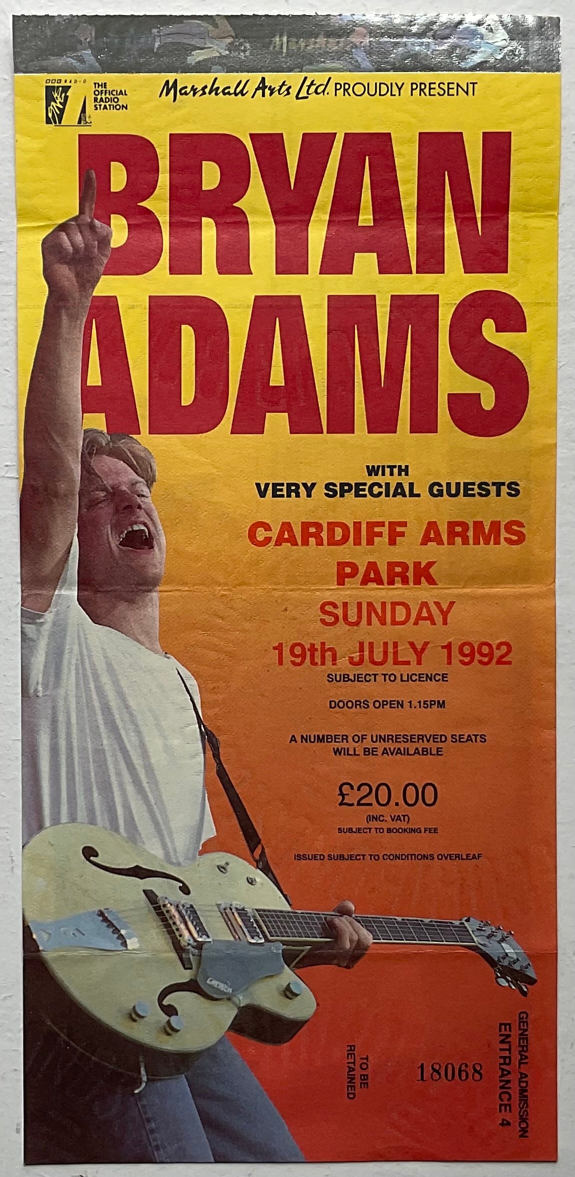 Bryan Adams Original Used Concert Ticket Cardiff Arms Park 19th Jul 1992