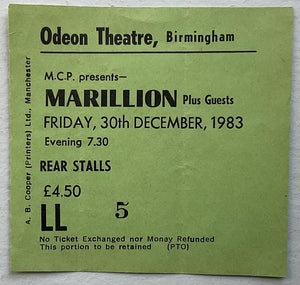 Marillion Original Used Concert Ticket Odeon Theatre Birmingham 30th Dec 1983