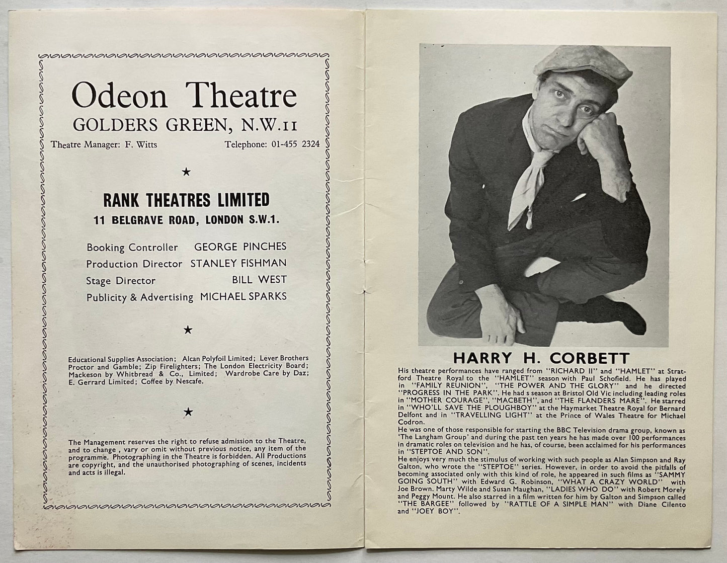 Freddie & the Dreamers Harry H Corbett Programme Odeon Theatre Golders Green  1970