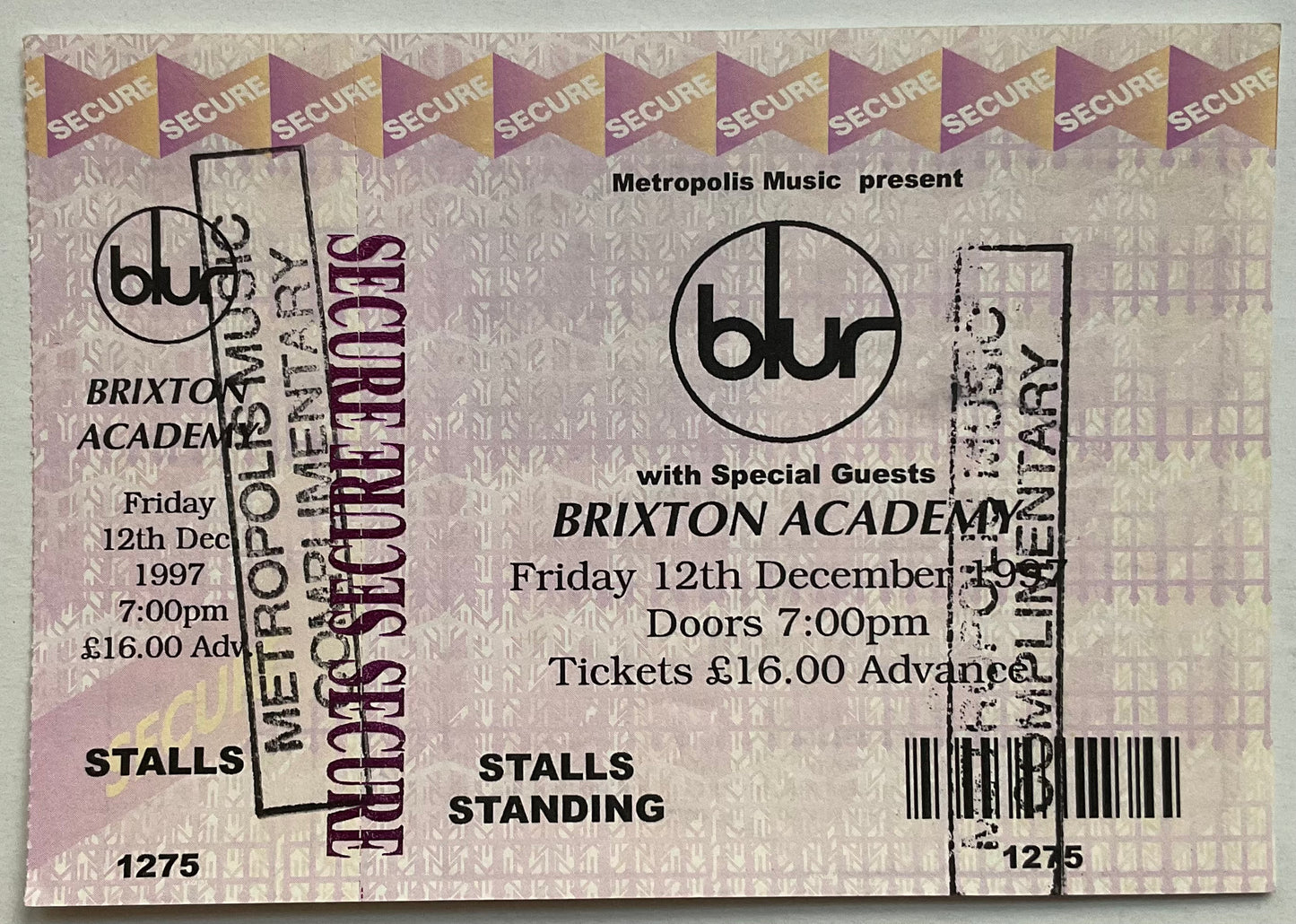 Blur Original Unused Concert Ticket Brixton Academy 12th December 1997