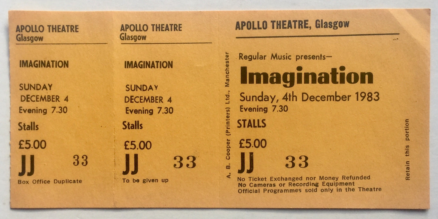 Imagination Original Unused Concert Ticket Apollo Theatre Glasgow 4th Dec 1983