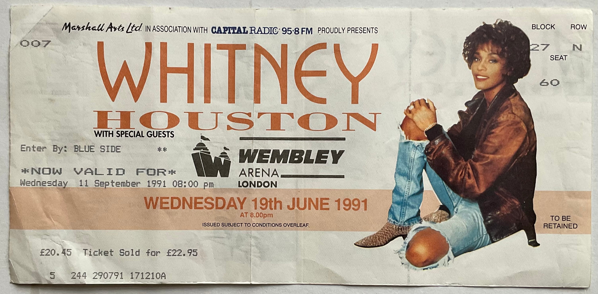 Whitney Houston Original Used Concert Ticket Wembley Arena London 11th Sep 1991