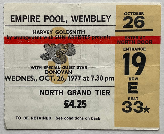 Yes Donovan Original Used Concert Ticket Empire Pool Wembley London 26th Oct 1977