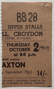 Tom Paxton Original Used Concert Ticket Fairfield Hall Croydon 2nd Oct 1969