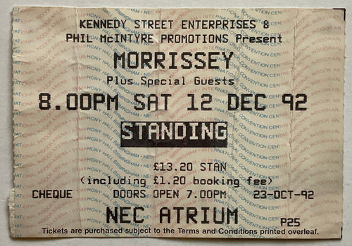 Smiths Morrissey Original Used Concert Ticket NEC Atrium Birmingham 12th Dec 1992