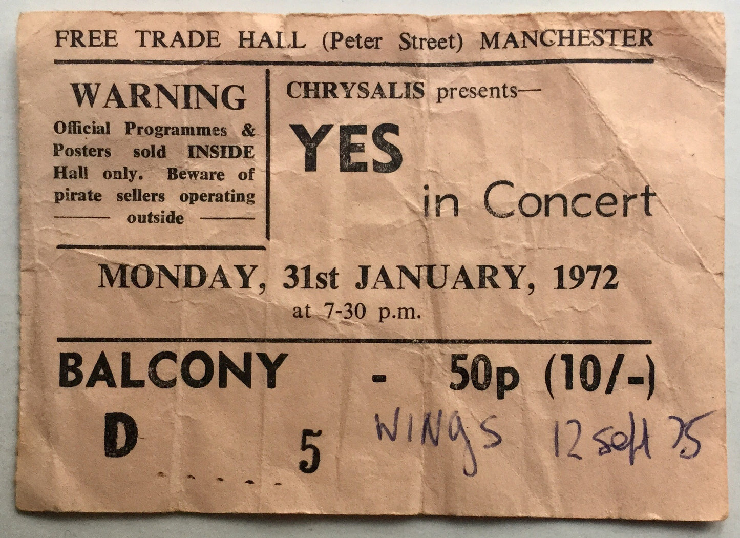 Yes Original Used Concert Ticket Free Trade Hall Manchester 31st Jan 1972