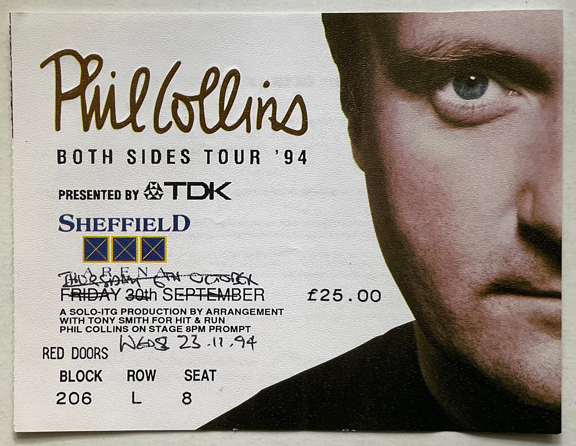 Phil Collins Original Used Concert Ticket Sheffield Arena 23rd Nov 1994