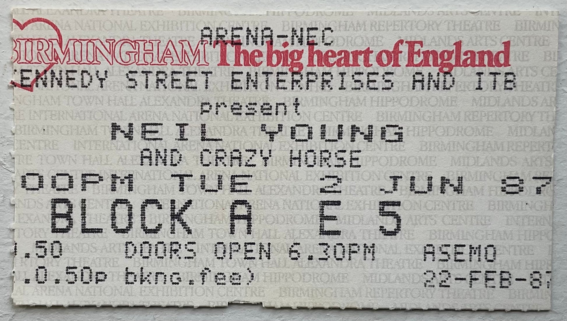 Neil Young Original Used Concert Ticket NEC Arena Birmingham 2nd Jun 1987