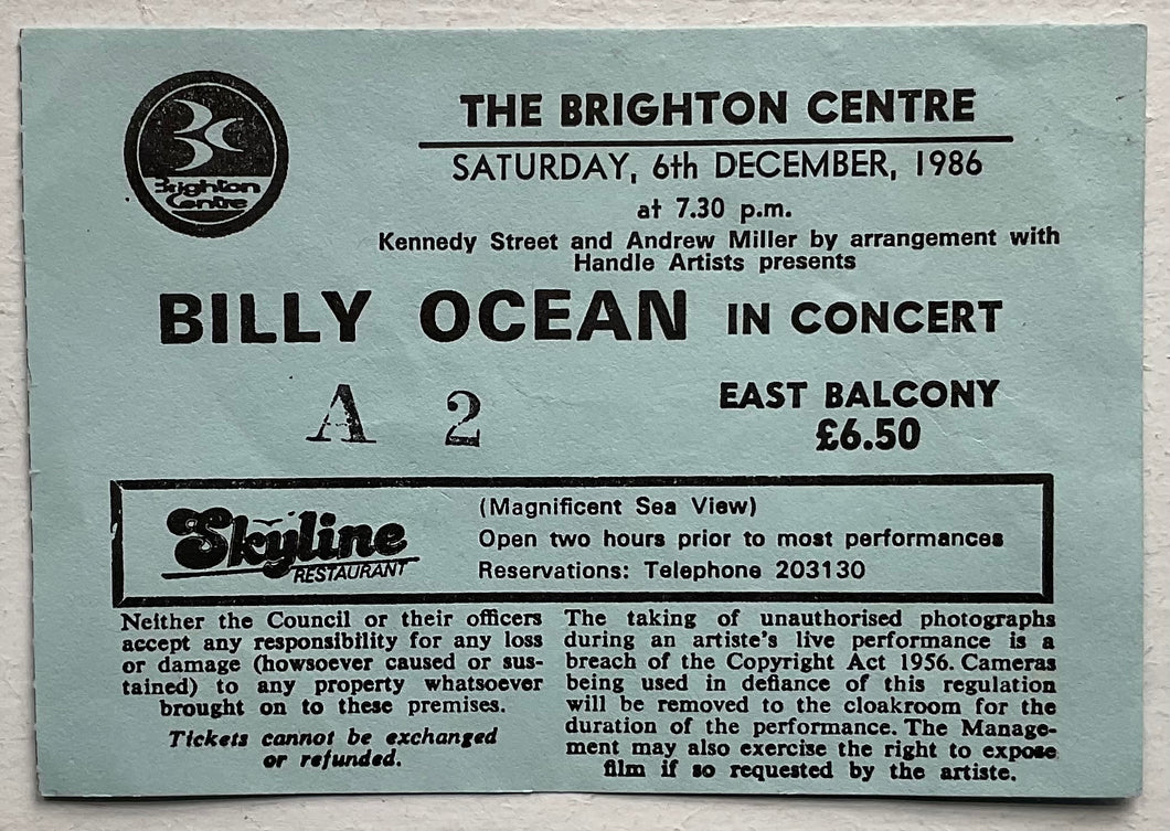 Billy Ocean Original Used Concert Ticket Brighton Centre 6th Dec 1986