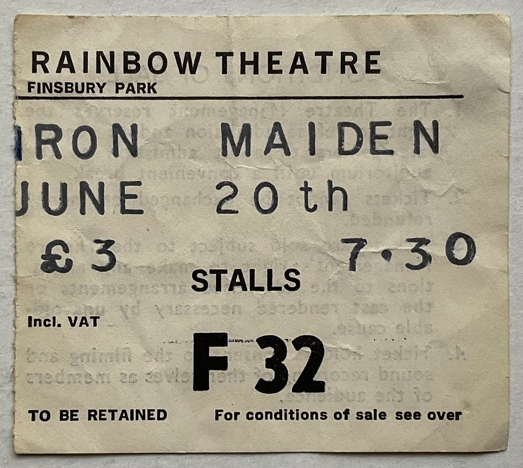 Iron Maiden Original Used Concert Ticket Rainbow Theatre London 20th Jun 1980