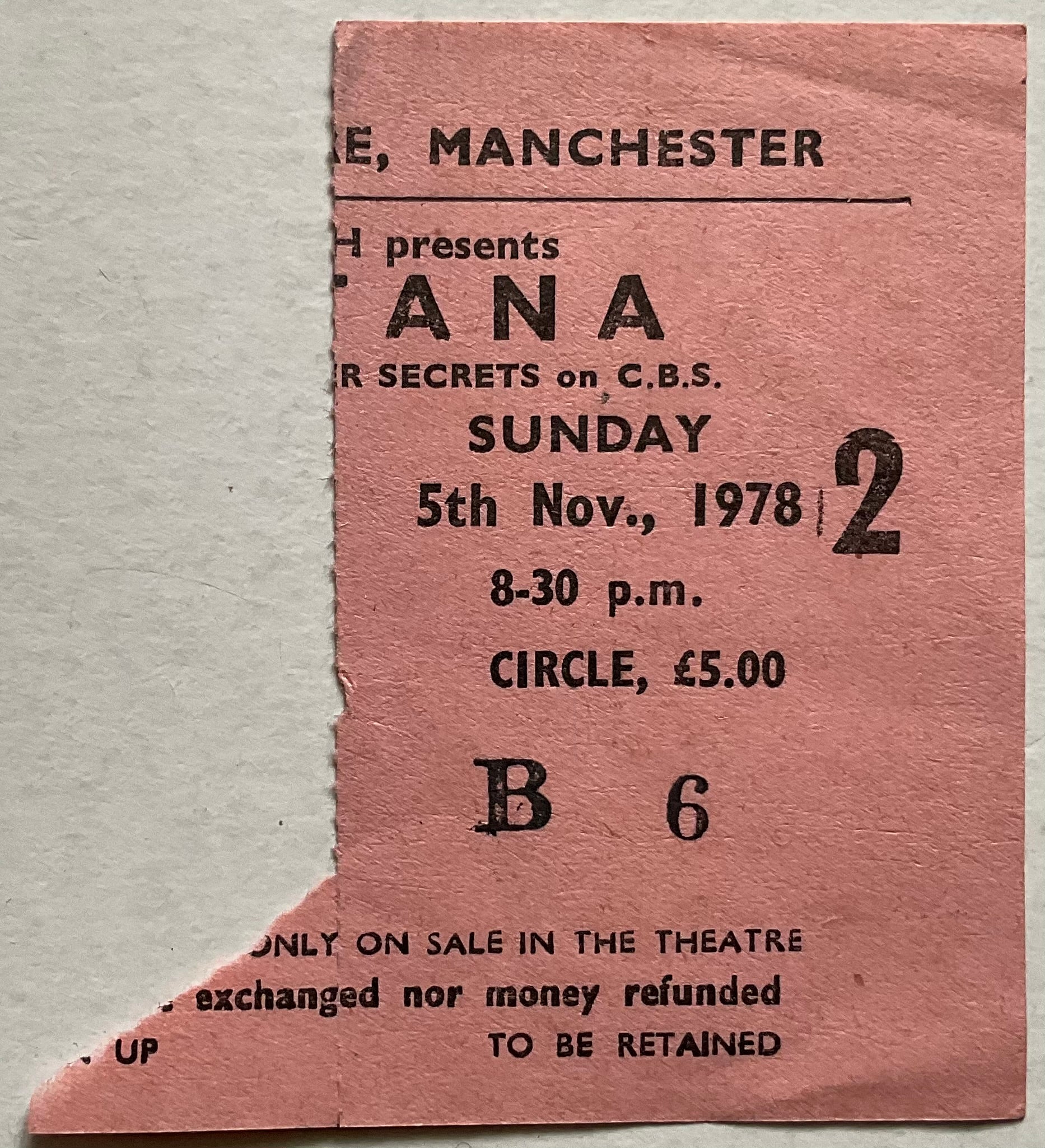 Santana Original Used Concert Ticket Apollo Theatre Manchester 5th Nov 1978