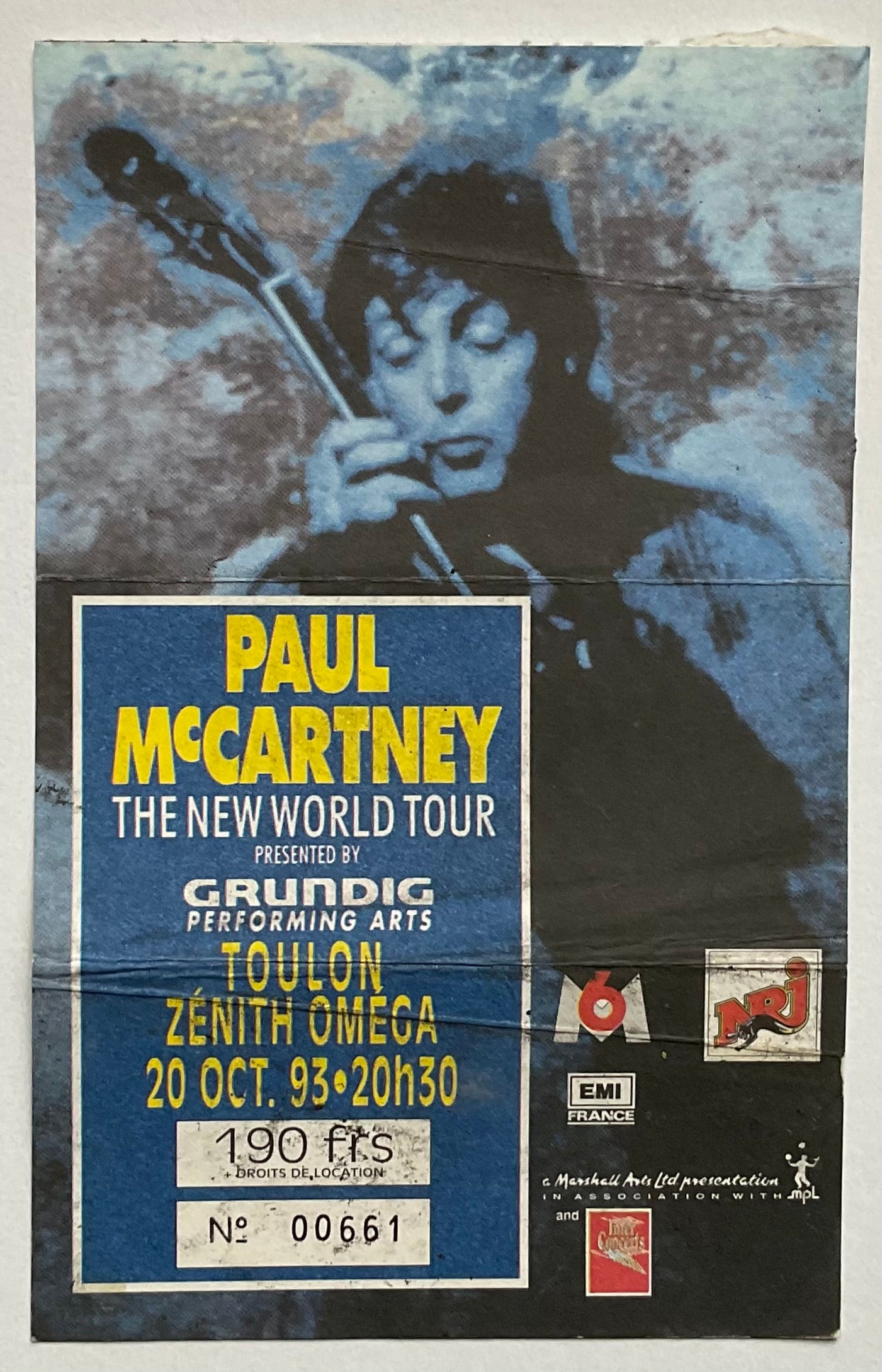 Beatles Paul McCartney Used Concert Ticket Zenith Omega Toulon 20th Oct 1993