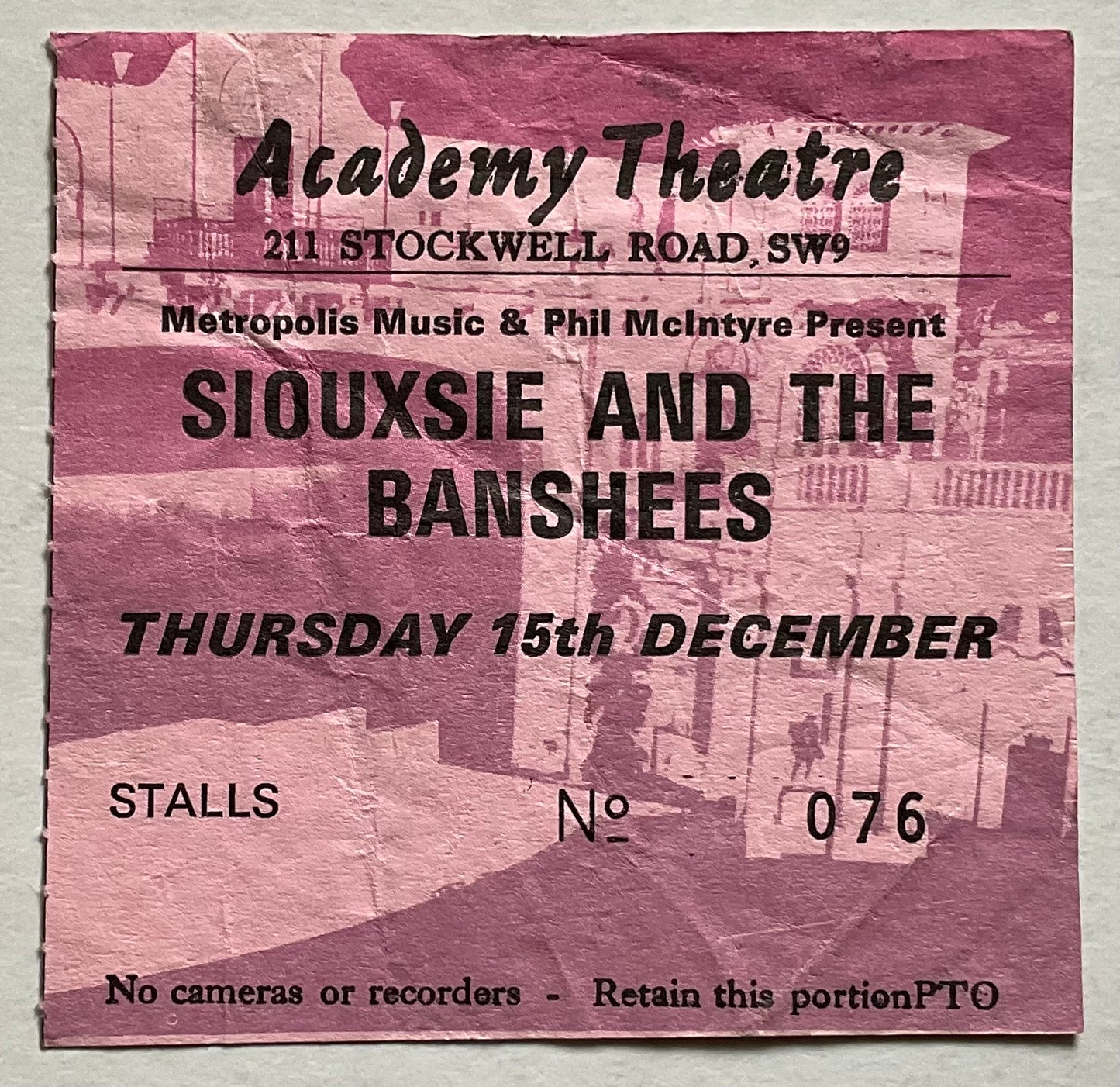 Siouxsie & the Banshees Original Used Concert Ticket Academy Theatre London 15th Dec 1988