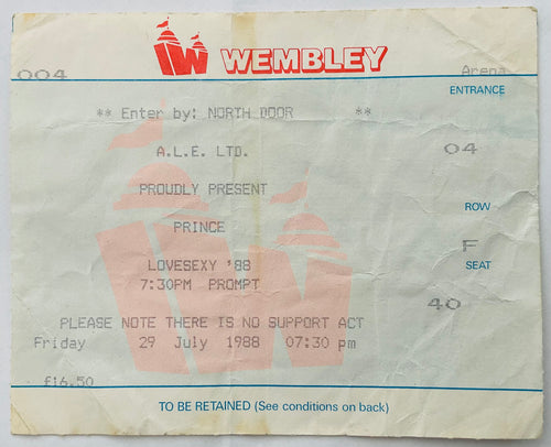 Prince Original Used Concert Ticket Wembley Arena London 29th July 1988