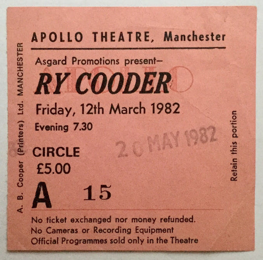 Ry Cooder Original Used Concert Ticket Apollo Theatre Manchester 12th March 1982