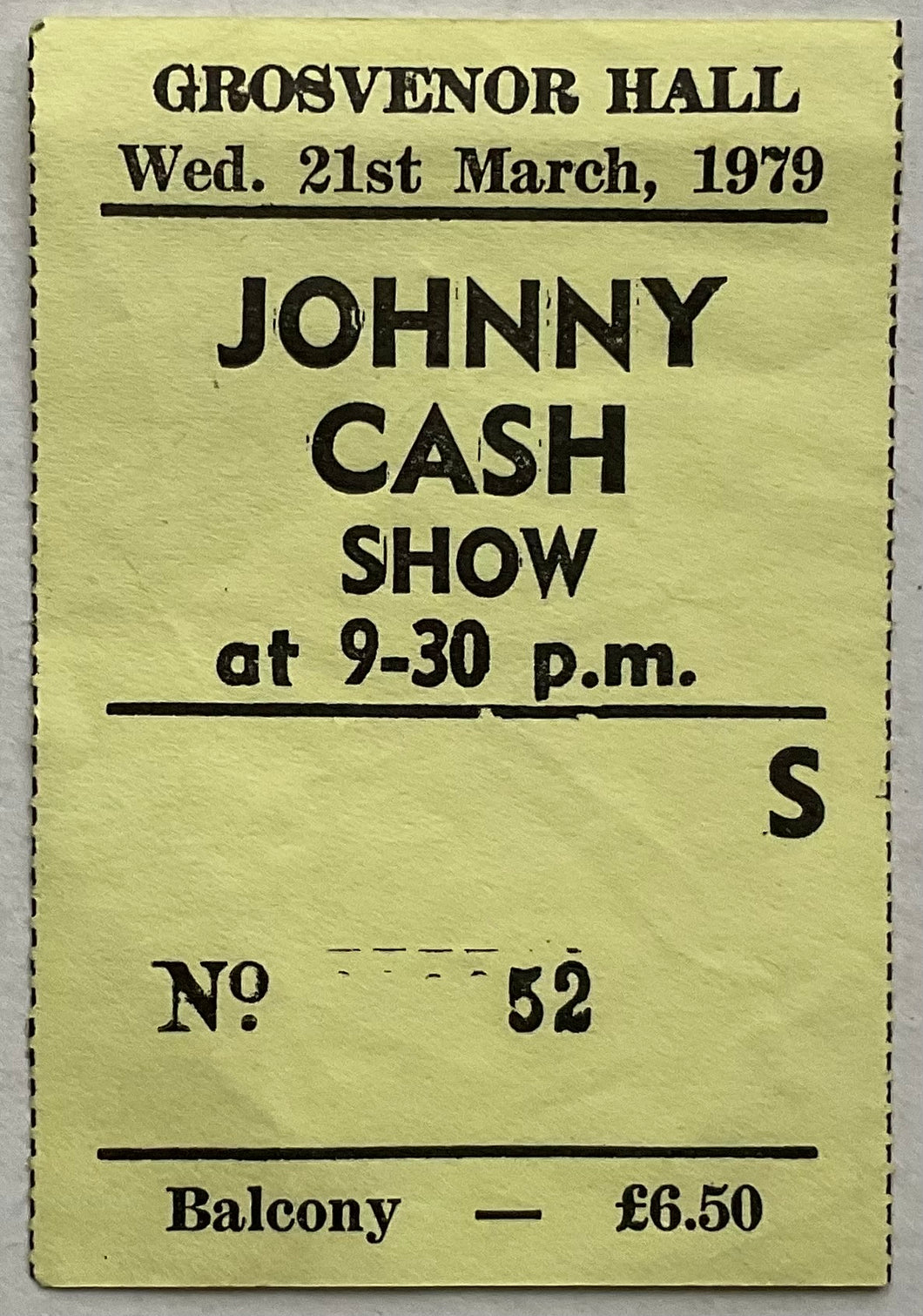 Johnny Cash Original Used Concert Ticket Grosvenor Hall Belfast 21st Mar 1979