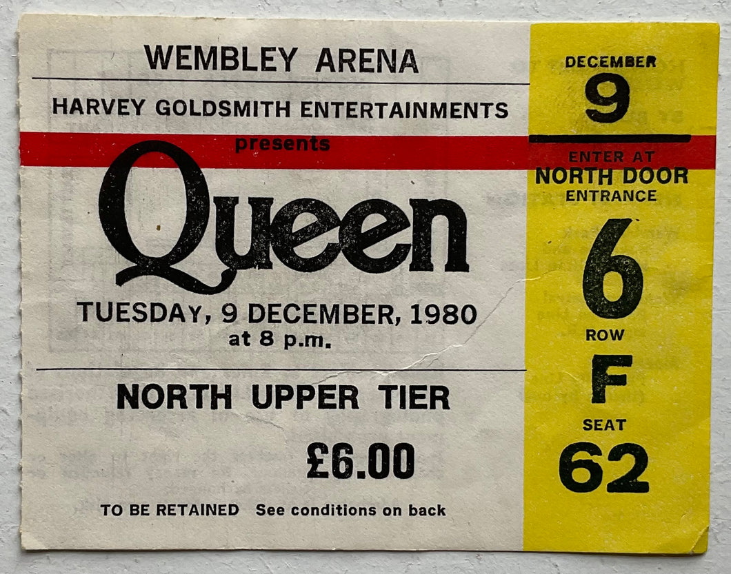 Queen Original Used Concert Ticket Wembley Arena London 9th Dec 1980