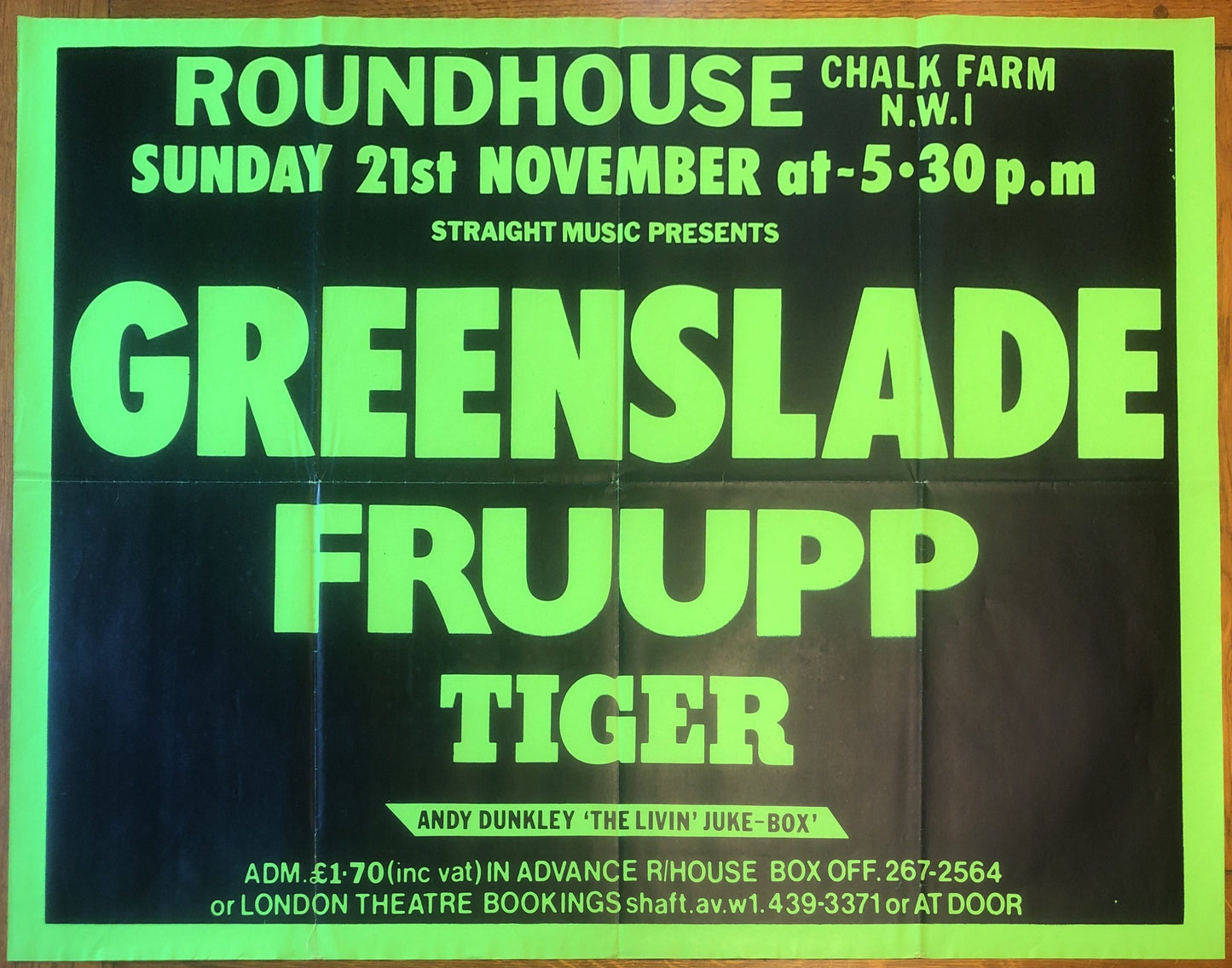 Greenslade Fruupp Original Promo Concert Tour Gig Poster Roundhouse London 21st Nov 1976