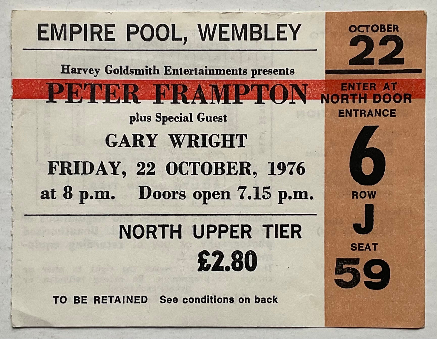 Peter Frampton Original Used Concert Ticket Empire Pool Wembley London 22nd Oct 1976
