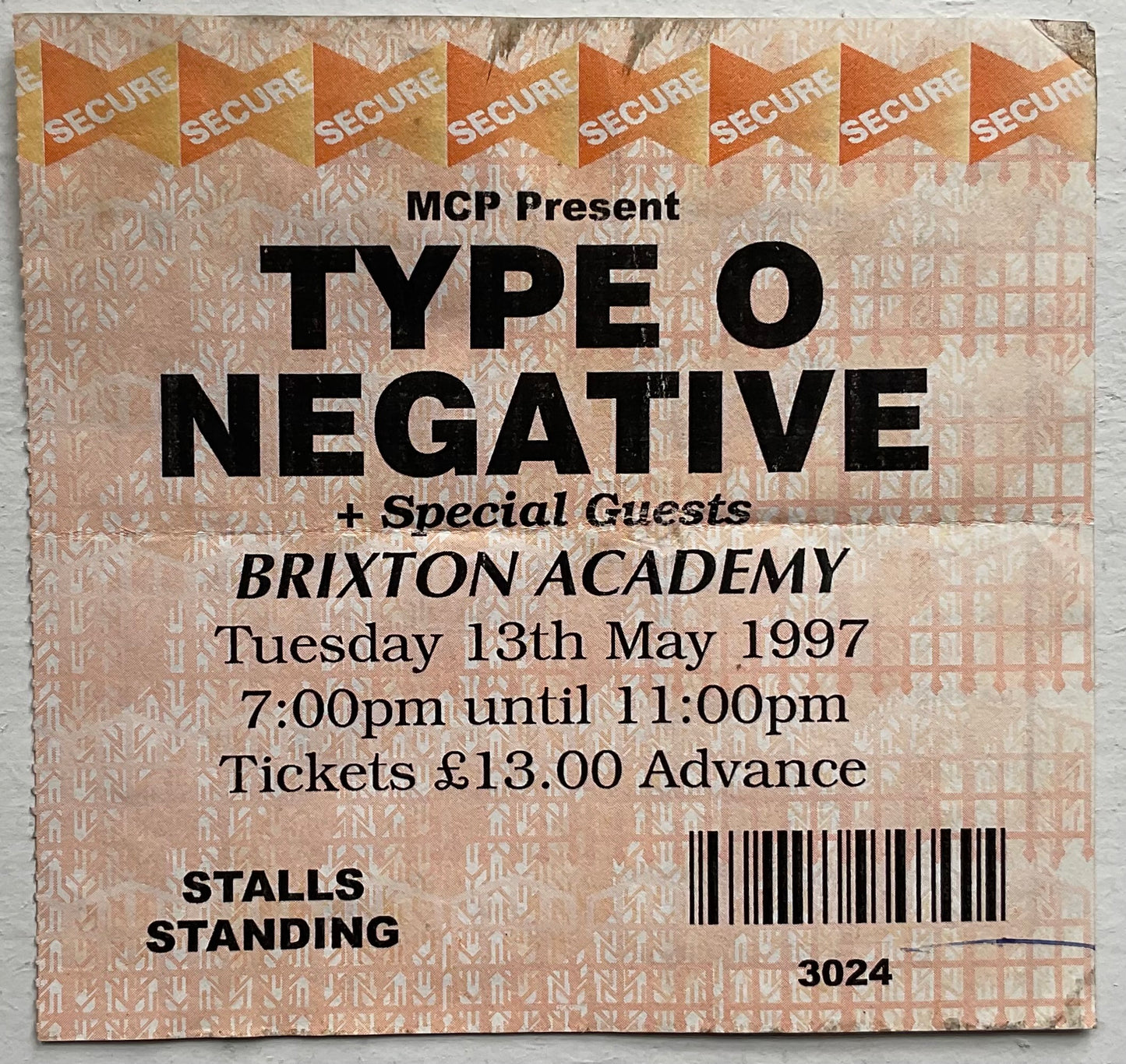 Type O Negative Original Used Concert Ticket Brixton Academy London 13th May 1997