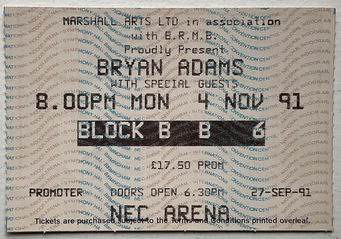 Bryan Adams Original Used Concert Ticket NEC Arena Birmingham 4th Nov 1991