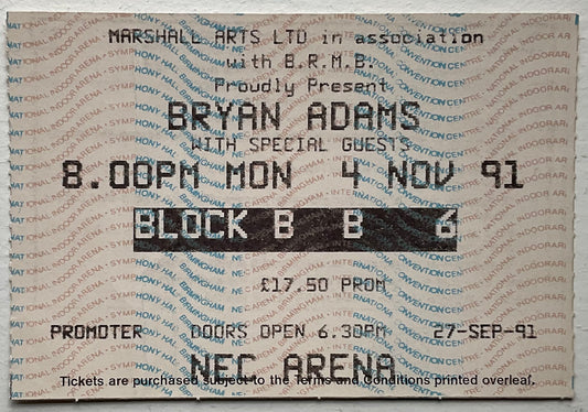 Bryan Adams Original Used Concert Ticket NEC Arena Birmingham 4th Nov 1991