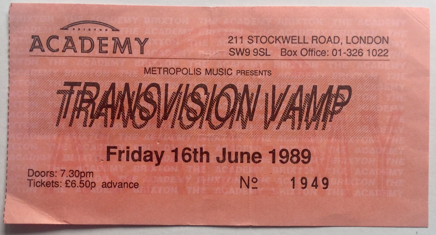 Transvision Vamp Original Used Concert Ticket Brixton Academy London 16th June 1989