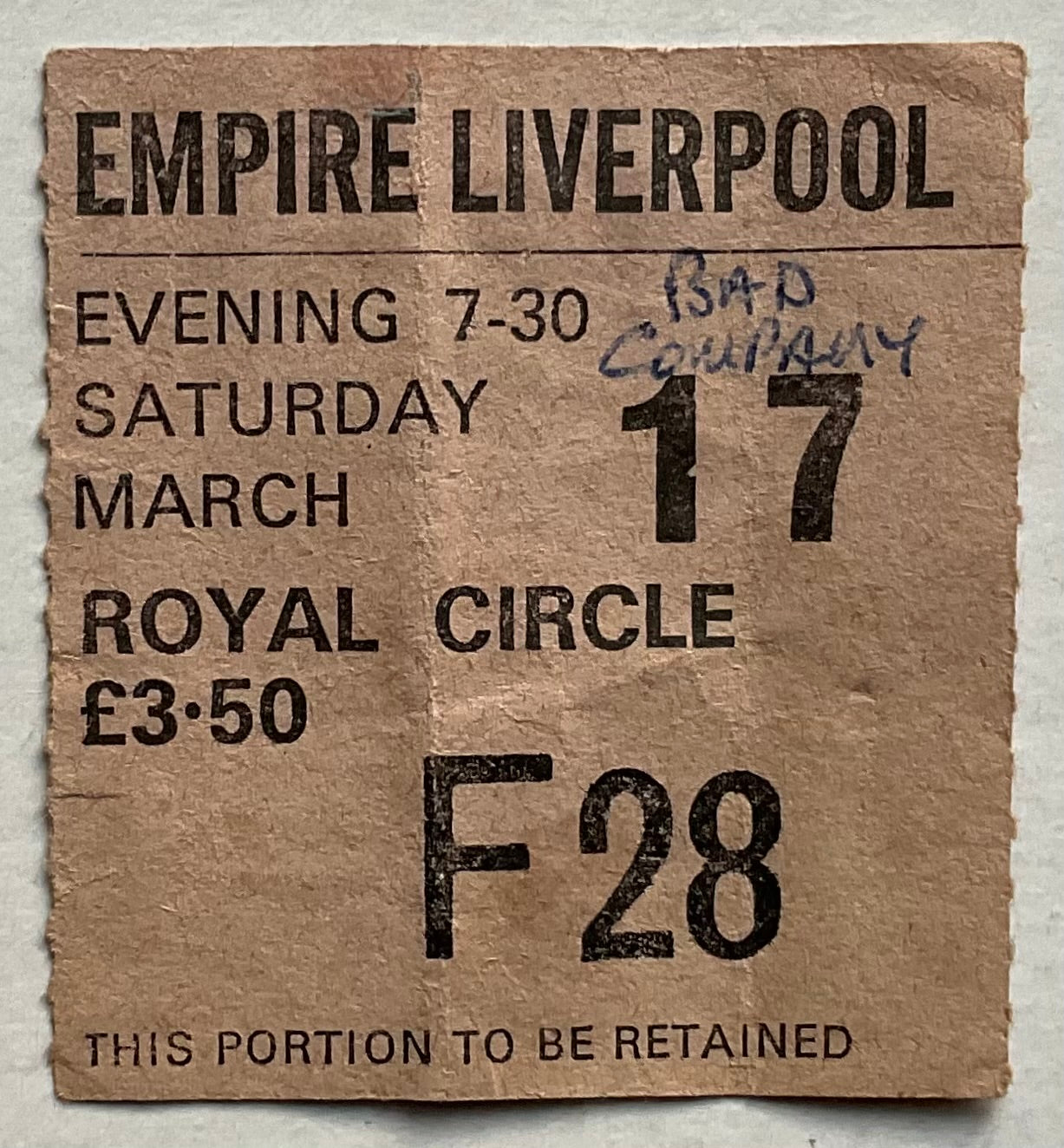 Bad Company Original Used Concert Ticket Empire Theatre Liverpool 17th Mar 1979