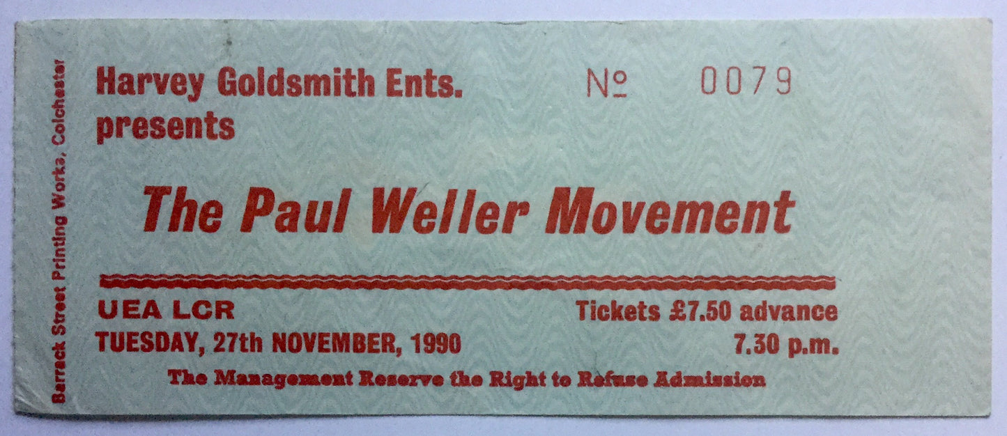 Paul Weller Movement Original Used Concert Ticket Norwich 27th Nov 1990