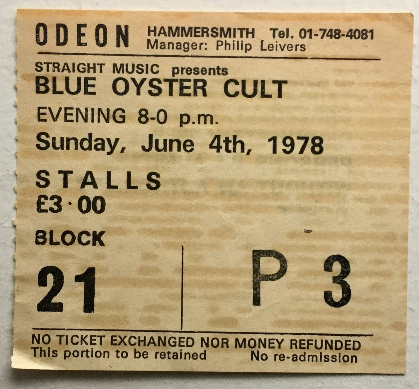 Blue Oyster Cult Original Used Concert Ticket Hammersmith Odeon London 4th June 1978